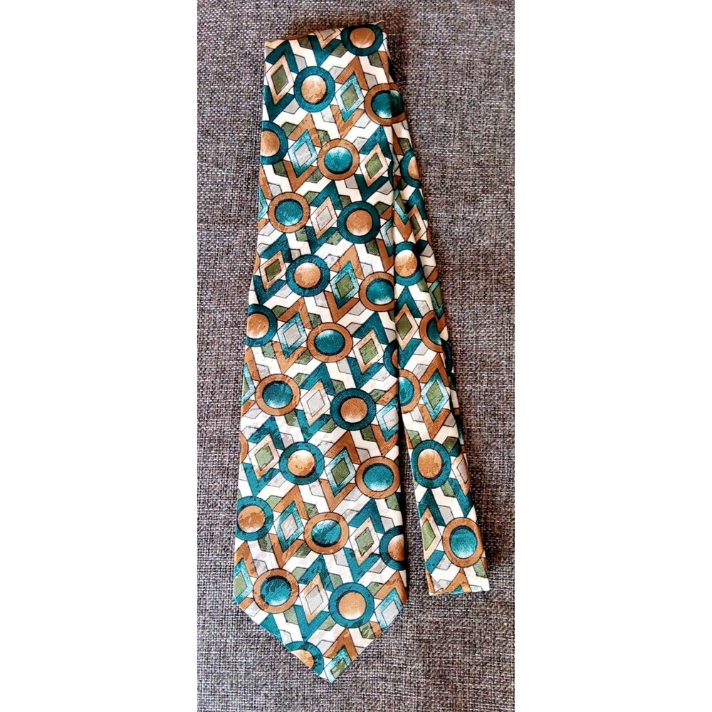 Tie 70s 80s 90s Y2K Mens Ketch Green Brown Ivory 4 Wide 58 Long